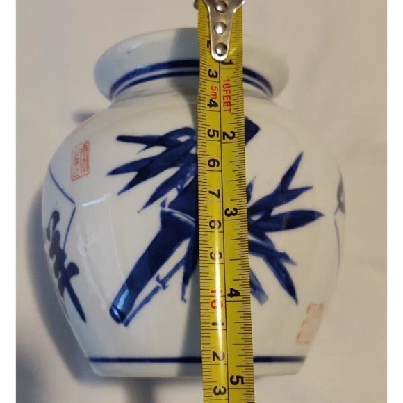 Blue & White Ceramic Chinese Vase Bamboo Calligraphy Art And Characters 5" - Picture 8 of 8